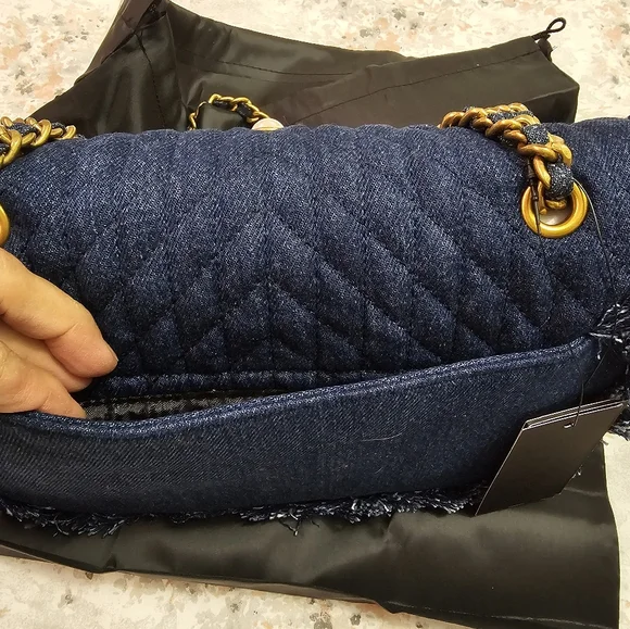 Karl Lagerfeld Navy Quilted Denim Shoulder Bag with Pearls and Gold Chain - Picture 8 of 9